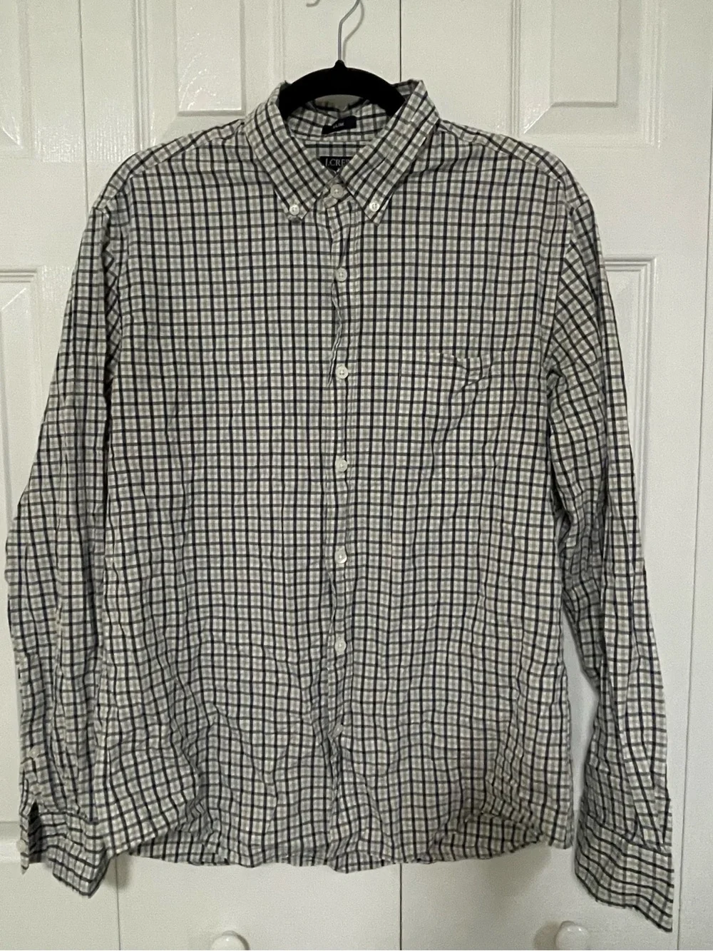 J. Crew Men’s White and Navy Grid Button-Down Shirt